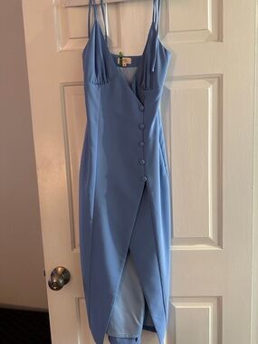 blue midi dress floral Blue and Ivory Print Midi Summer Dress with Buttons Ivory Blue Stripe Floral / Medium